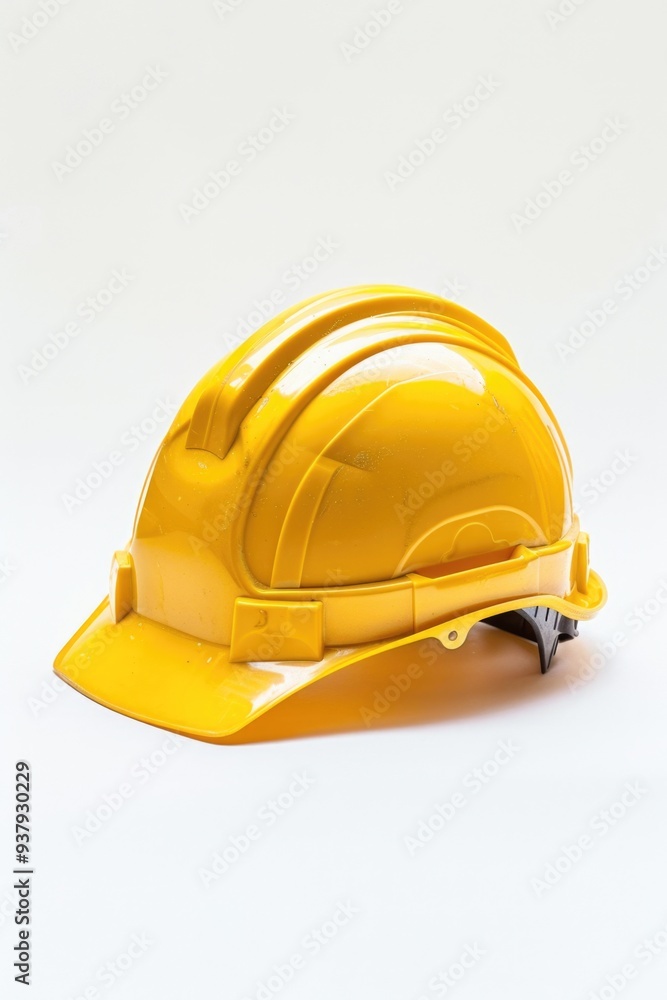 Fototapeta premium A yellow hard hat sits alone on a white surface, ready for use