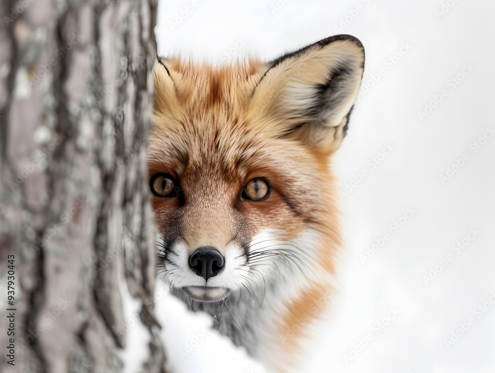 Obraz premium Curious Fox Peeking from Behind Tree with Mischievous Eyes and Detailed Fur