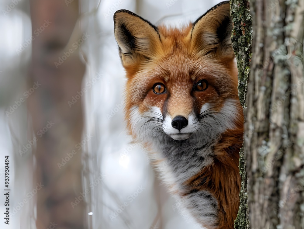 Fototapeta premium Curious Forest Fox Peeking from Tree with Mischievous Eyes and Detailed Fur