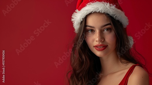 A woman in a red santa hat and red dress is smiling at the camera