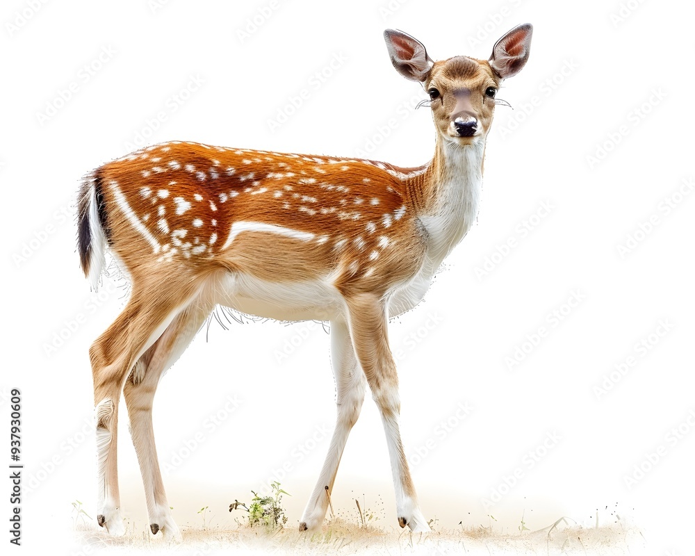 Graceful deer standing alert in a serene meadow detailed fur on white background Graceful deer standing alert in a serene meadow detailed fur on white background
