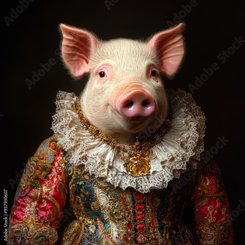 Whimsical Pig Portrait in Renaissance Attire: AI-Generated Animal Art for Creative Marketing. Elegant Abstract Design with Anime-Style Elements. Perfect for Party Invitations, UI, Web Posters, and 4K 