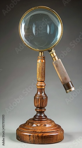 Antique Magnifying Glass on Wooden Stand - Vintage Science Instrument