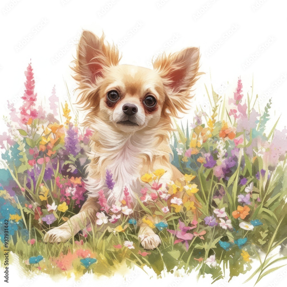 A cute chihuahua surrounded by vibrant flowers in a colorful garden setting, capturing the essence of playful nature. A cute chihuahua surrounded by vibrant flowers in a colorful garden setting, capturing the essence of playful nature.