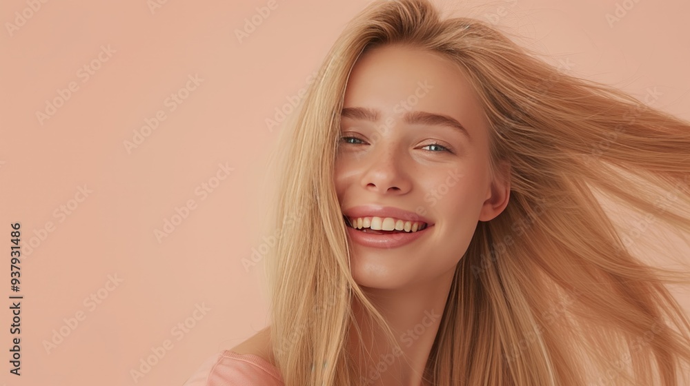 Fototapeta premium A smiling fashion model with blonde hair isolated on a soft pastel background with copy space. Blonde hair care products banner template