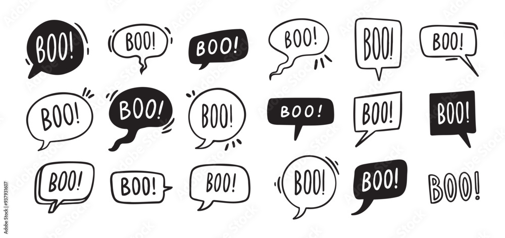 Speech bubbles with text Boo. Vector hand drawn doodle illustration Speech bubbles with text Boo. Vector hand drawn doodle illustration