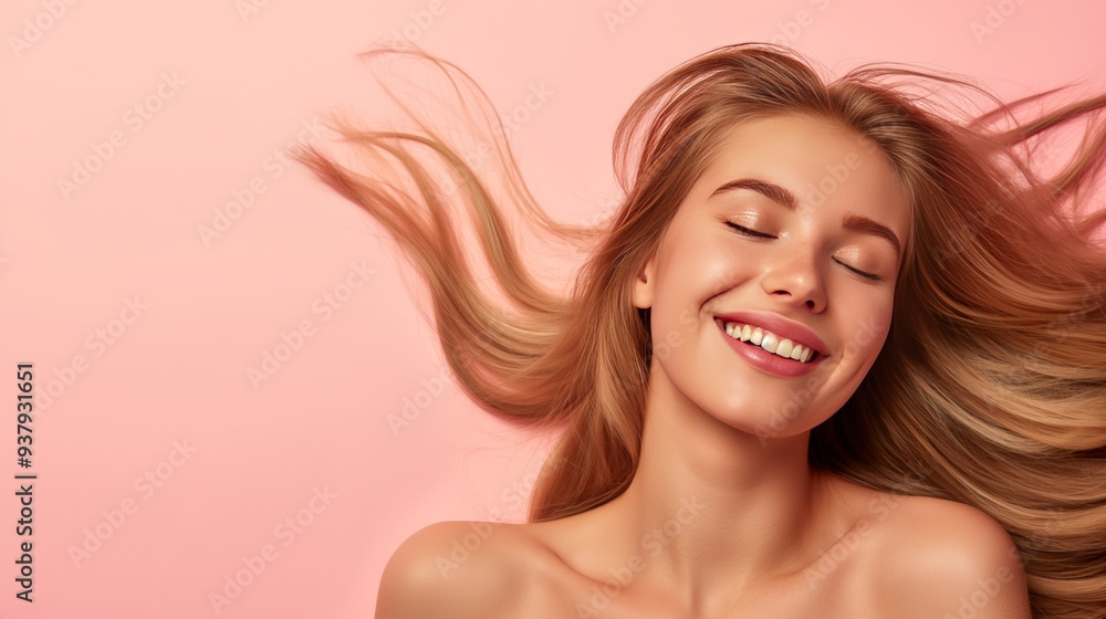 A smiling fashion model with blonde hair isolated on a soft pastel background with copy space. Blonde hair care products banner template A smiling fashion model with blonde hair isolated on a soft pastel background with copy space. Blonde hair care products banner template