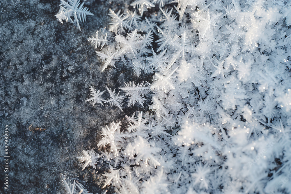 Close-up of frost or ice formations on surfaces with snowflakes. Close-up of frost or ice formations on surfaces with snowflakes.
