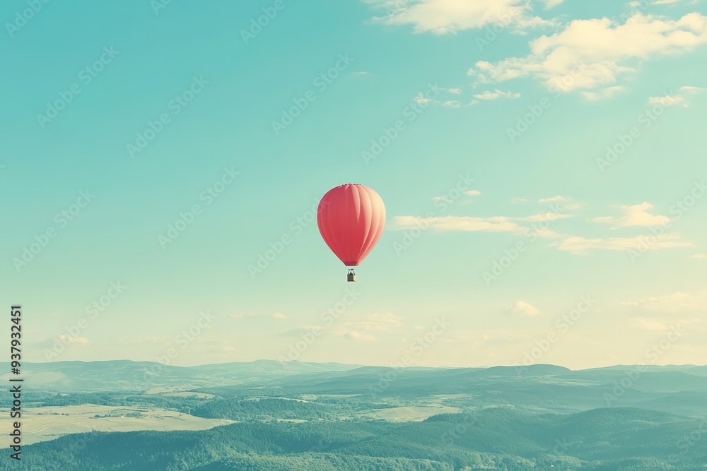 Hot air balloon floating in blue sky over hills Hot air balloon floating in blue sky over hills