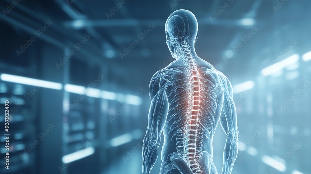 3D illustration of human spine, showcasing anatomical details in a high-tech environment, emphasizing health and medical concepts. 3D illustration of human spine, showcasing anatomical details in a high-tech environment, emphasizing health and medical concepts.