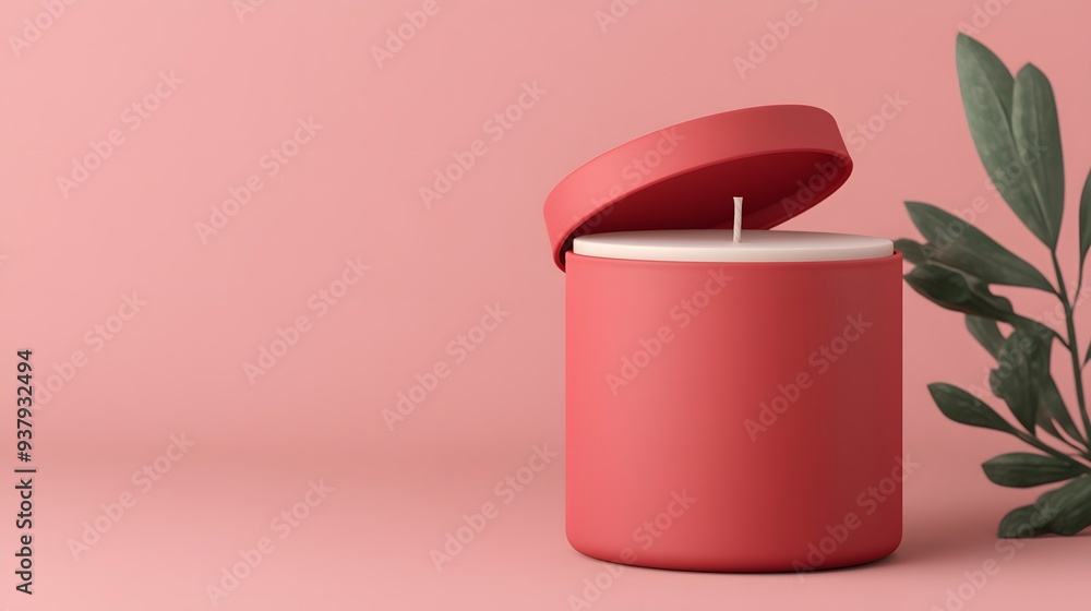 A red candle holder with a green leaf on top A red candle holder with a green leaf on top