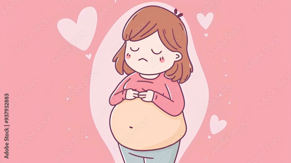 Cartoon of an overweight woman with a bloated belly, holding her stomach in pain against a pink background, in the cute style. Cartoon of an overweight woman with a bloated belly, holding her stomach in pain against a pink background, in the cute style.