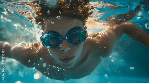 A boy swimming underwater in a pool wearing goggles and focused on his stroke