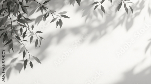 Willow Tree Shadow, A gray silhouette of willow tree leaves cast onto a white wall, creating a soft and serene natural pattern Ideal for backgrounds or overlays