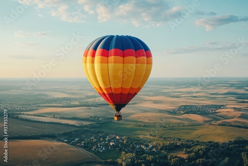 Hot air balloon soaring over rural landscape at sunset