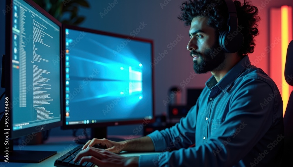 Tech man in front of a big screen Tech man in front of a big screen