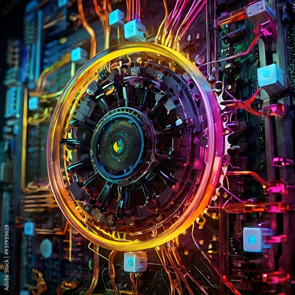 Fototapeta premium Digital technology and cyber security concept, abstract technology background of high speed global data transfer, futuristic neon hexagons, advanced technology networks