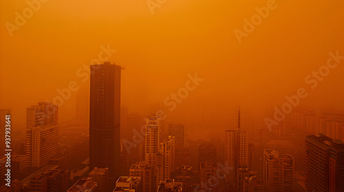 A city engulfed in an orange haze during a severe sandstorm showing low visibility