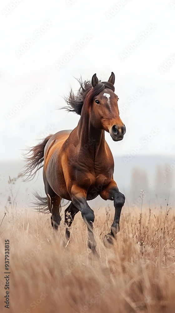 Obraz premium Powerful and Regal Horse Galloping Through Pastoral Field on White Background