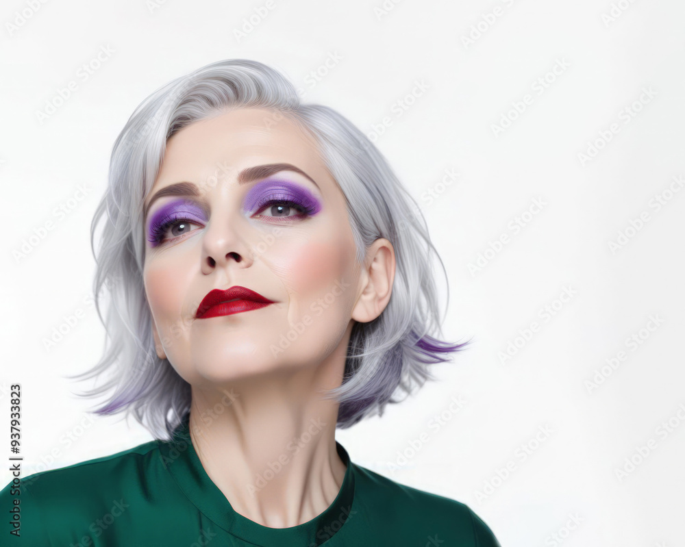 Portrait of beautiful mature woman with white hair and purple bright make-up Portrait of beautiful mature woman with white hair and purple bright make-up