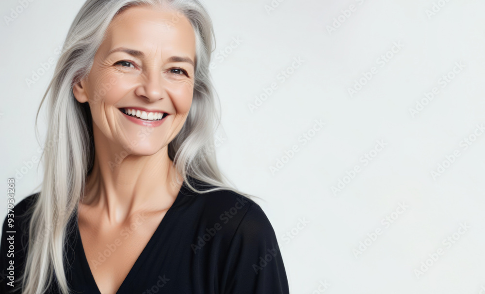 Portrait of a mature woman with long gray hair and blue eyes without makeup Portrait of a mature woman with long gray hair and blue eyes without makeup
