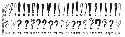 Doodle exclamation marks, question marks. Punctuation drawing black marks, Hand drawn exclamation point