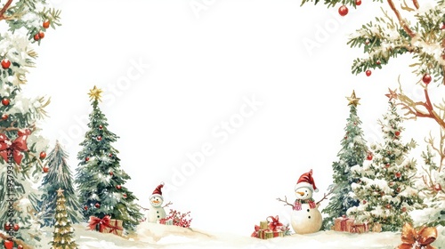 Vintage Christmas Collage, a charming watercolor design featuring festive trees, garlands, and snowmen on a pristine white backdrop, ideal for personalized holiday greetings.