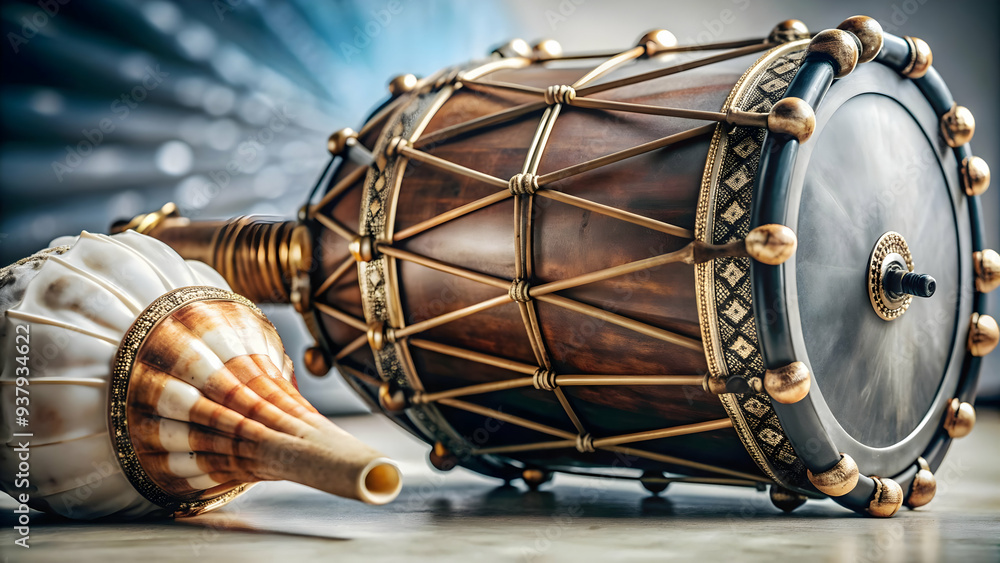 Dussehra War Drum and Conch concept as Vector illustration of a war drum and conch shell isolated on a white background symbolizing the call to battle and divine announcement during the Dussehra festi Dussehra War Drum and Conch concept as Vector illustration of a war drum and conch shell isolated on a white background symbolizing the call to battle and divine announcement during the Dussehra festi