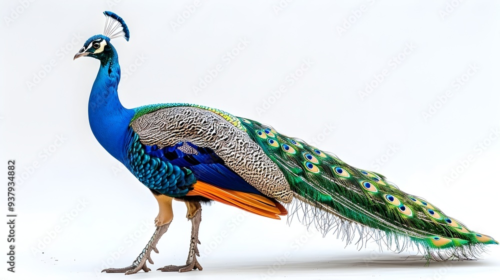 Fototapeta premium Regal peacock displaying vibrant plumage in a lush garden on a pristine white backdrop exuding elegance and pride