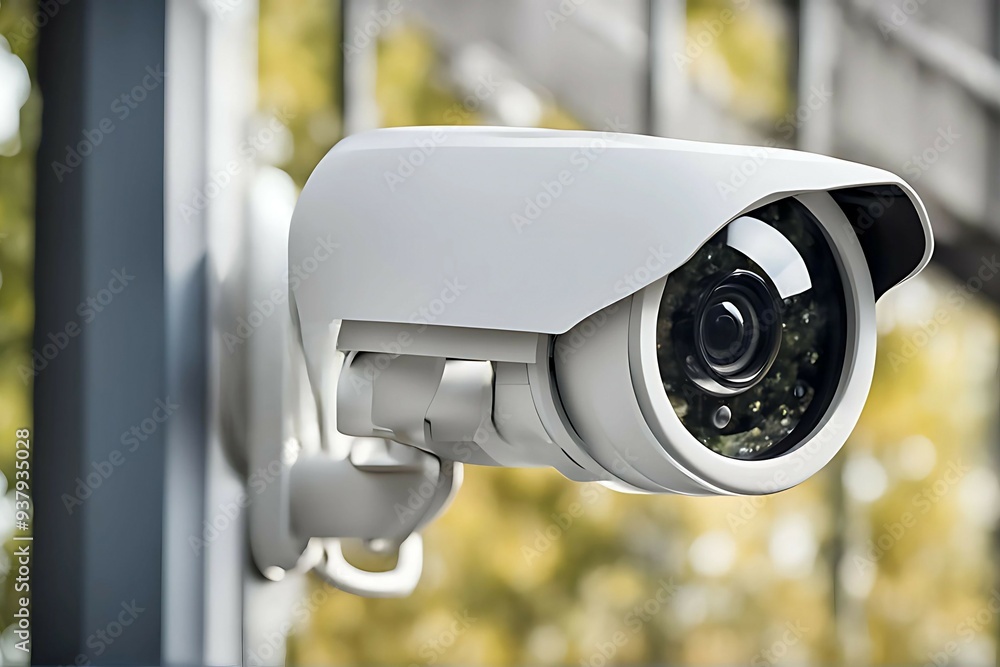 Close-up view of a modern home security camera monitoring vigilantly, showing details of advanced technology and vigilance around the area, Ai Generated Images Close-up view of a modern home security camera monitoring vigilantly, showing details of advanced technology and vigilance around the area, Ai Generated Images