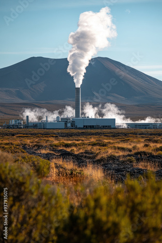Geothermal Power Plant,  A modern geothermal power plant located in a striking volcanic area, featuring visible steam plumes against a dramatic landscape
