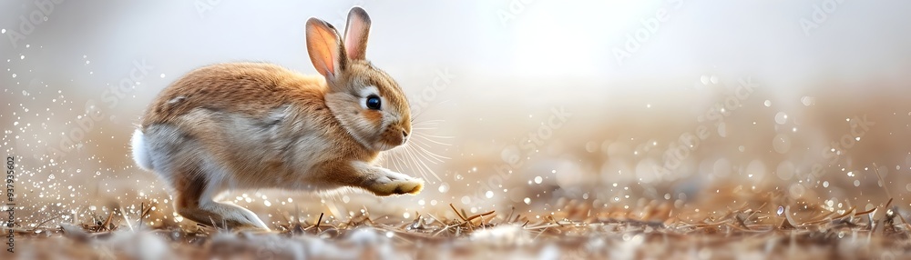 Adorable Bunny Hopping Through a Field with Joyful Expression and Copy Space