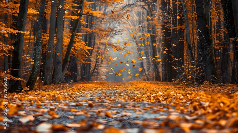 Serene Autumn Forest with Falling Golden Leaves and Scenic Path Covered in Colorful Foliage Serene Autumn Forest with Falling Golden Leaves and Scenic Path Covered in Colorful Foliage