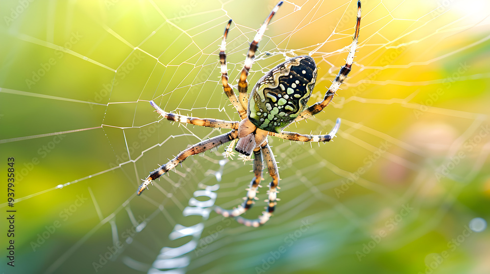Spider on web, close-up view of a spider intricately weaving its web against a blurred background Spider on web, close-up view of a spider intricately weaving its web against a blurred background