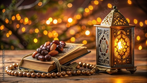 A beautifully illuminated Quran rests on a decorative Ramadan lantern, surrounded by dates and prayer beads, symbolizing spiritual reflection and devotion during the holy month. photo