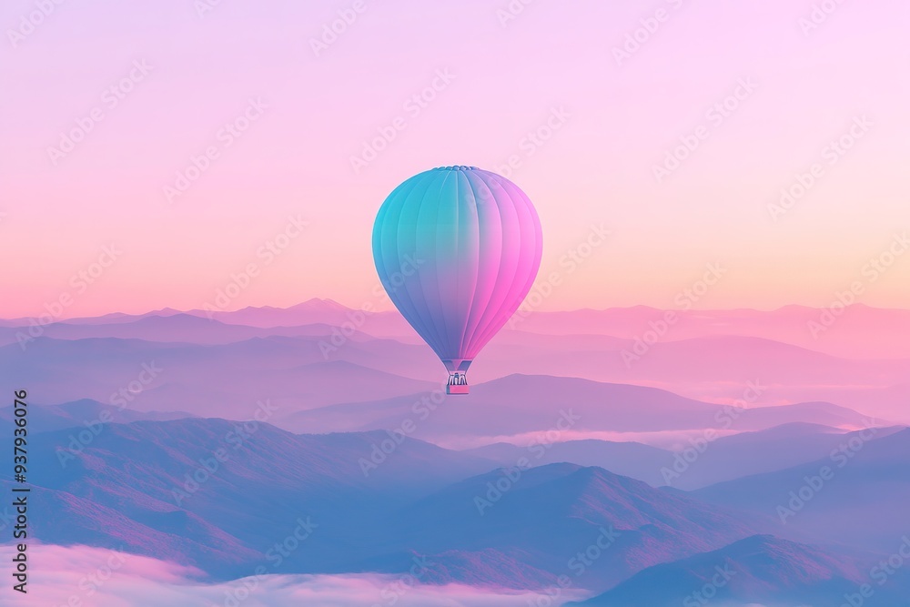 Fototapeta premium Hot air balloon floating over misty mountains at dawn