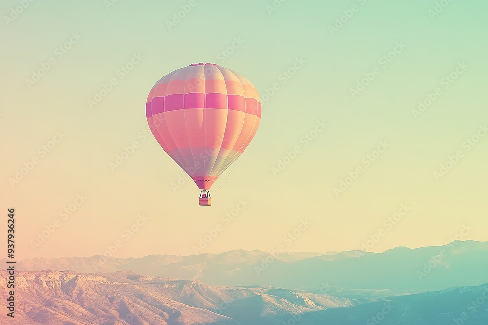 Fototapeta premium Hot air balloon soaring over mountains at sunrise.