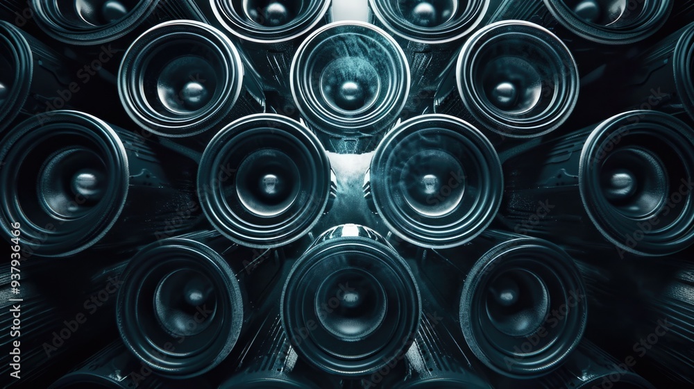 A group of loudspeakers stacked vertically on top of each other A group of loudspeakers stacked vertically on top of each other