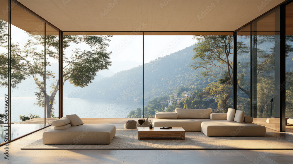 Fototapeta premium Minimalist Living Room, A simple and modern living room featuring large windows that offer stunning scenic views, creating a tranquil and inviting atmosphere