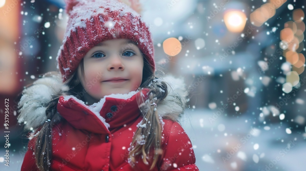A Young Girl in a Red Winter Coat Smiles in Falling Snow A Young Girl in a Red Winter Coat Smiles in Falling Snow