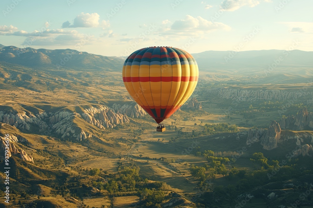 Obraz premium Hot air balloon over scenic landscape at sunset