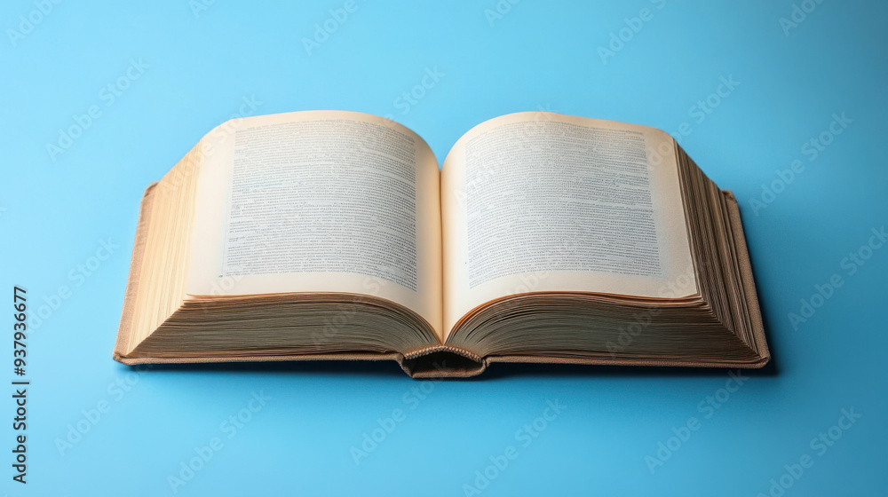 Open Book Mockup, An open book with blank pages displayed on a blue background, representing creativity and new ideas waiting to be filled Open Book Mockup, An open book with blank pages displayed on a blue background, representing creativity and new ideas waiting to be filled