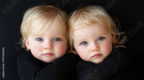 Close-up portrait of Caucasian twin toddlers with bright blue eyes