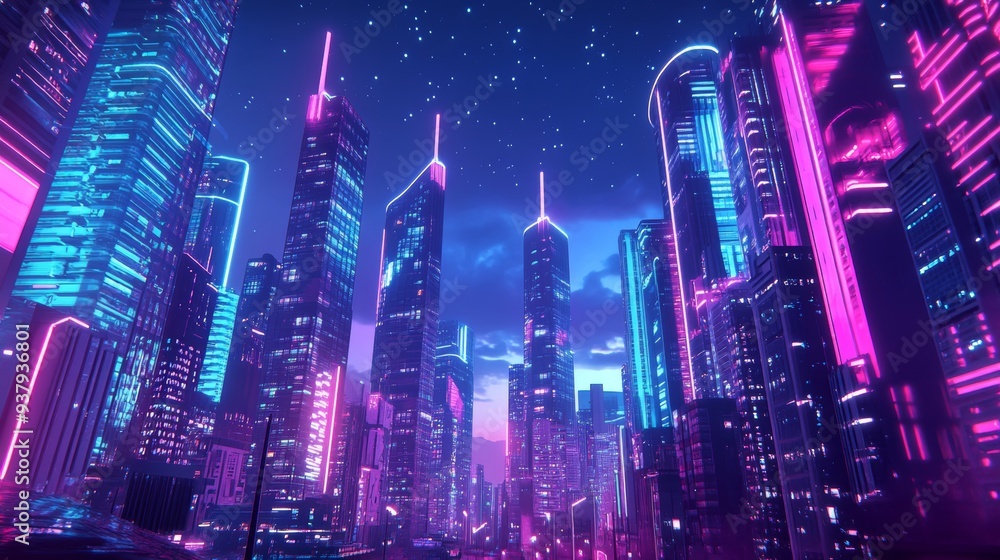 Fototapeta premium Urban landscapes with towering, ultra-modern skyscrapers and neon-lit streets, showcasing the futuristic architecture of a thriving metropolis
