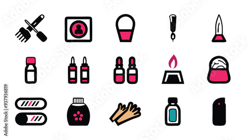 A set of icons representing the equipment and services provided at a nail polish salon.