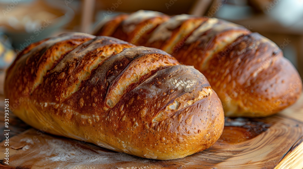 Two freshly baked loaves of bread resting on wooden cutting board Two freshly baked loaves of bread resting on wooden cutting board