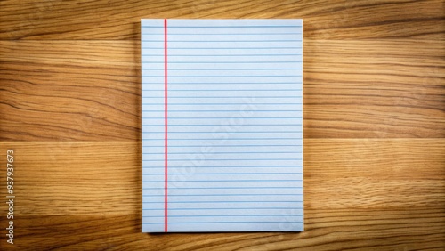 A blank sheet of lined paper with a blue horizontal margin line and multiple red vertical lines, awaiting notes or writing on a wooden desk. photo