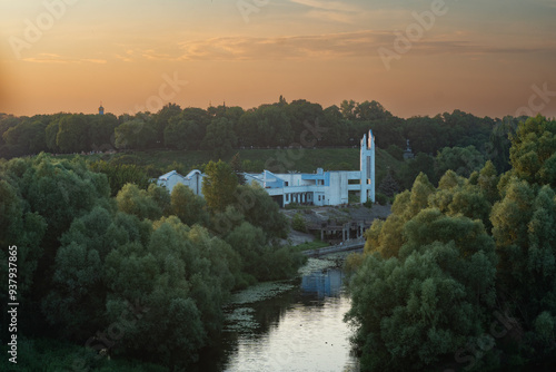 The river station near the Desna river in the evening in the city of Chernihiv, Ukraine. photo