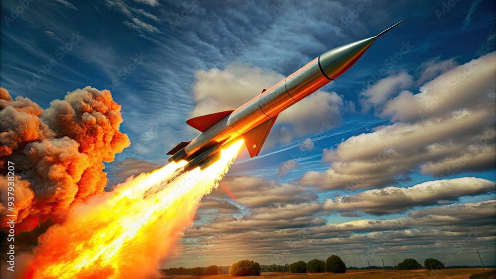 A blazing orange flame erupts from the rear of a sleek, metallic ...