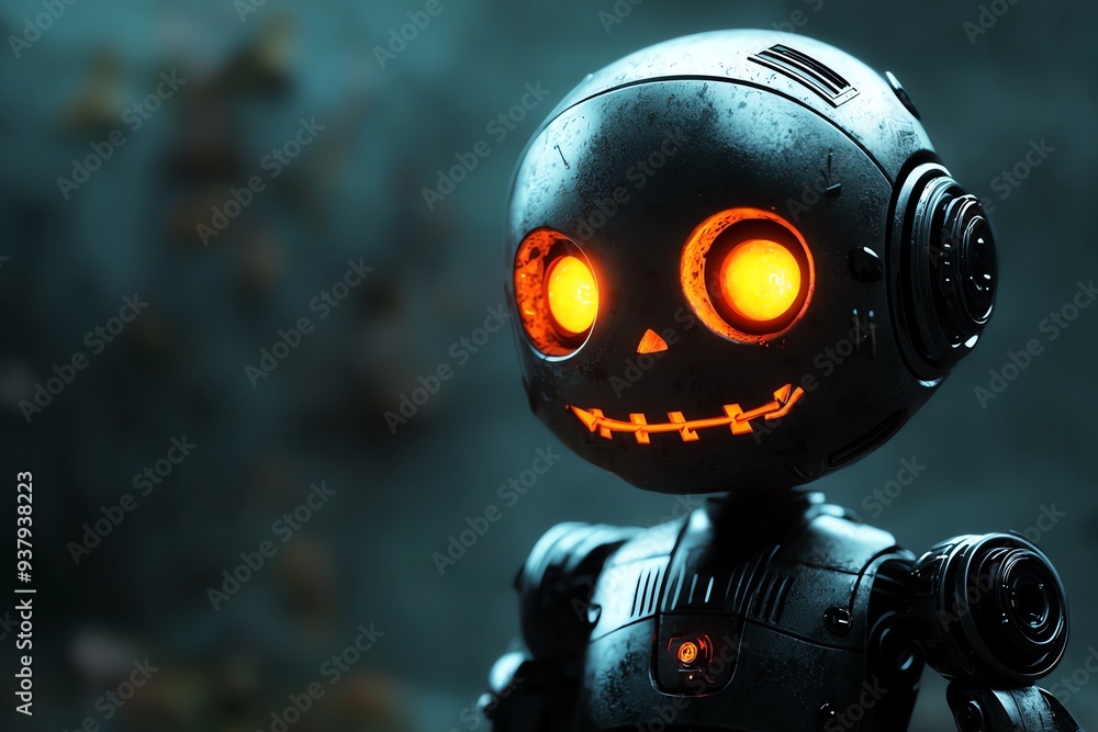 A detailed robot figure with glowing orange eyes and a skull design, perfect for sci-fi and Halloween themes. A detailed robot figure with glowing orange eyes and a skull design, perfect for sci-fi and Halloween themes.